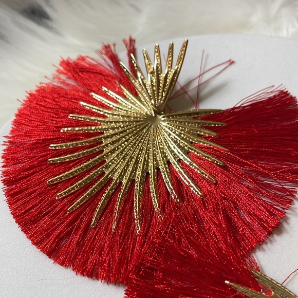 Red Fan Fringe Oversized Statement Earrings - Picture 6 of 10